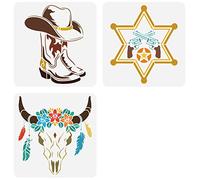 FINGERINSPIRE 3 Pcs Western Thème Pochoir 30x30cm Cowboy Bottes Chapeaux Pochoir Modèle Plastique Police Badges Vache Crâne Motif Peinture Pochoir Pochoir Réutilisable pour Mur Meubles Décoration