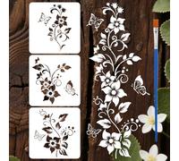 FINGERINSPIRE 3 Styles Pochoirs Fleur Vigne Papillon Avec Un Pinceau 30x30cm Fleur Vigne Peinture Pochoir Motifs Papillon Pochoirs Pet Thèmes Plantes Modèle pour Bois Mur Sol Meubles