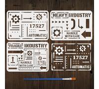 FINGERINSPIRE 3Pcs Pochoir à Motifs de Style Industriel Rétro pour Peinture Au Pinceau 21x29.7cm Modèle Engrenages Flèches Chiffres Lettres Phrases Pochoir Modèle de Thème Rétro pour Bois Mur Tissu