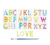 FINGERINSPIRE 3Pcs Pochoir de Dessin à 26 Lettres Avec Pinceau 29.7X21cm 26 Modèles de Peinture de L'Alphabet Dessin Animé Griffonnage Floral Vigne Géométrie Pochoir pour Bois Mur Tissu Meubles