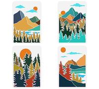 FINGERINSPIRE 4 PCS Boho Forêt Montagne Pochoir Paysage Naturel Nuages Montagnes Arbres Lac Modèle Coucher de Soleil Lever du Soleil 29.7x21cm Peinture Pochoir pour Décor de Sol