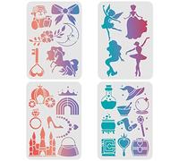 FINGERINSPIRE 4 Pcs Fantasy Pochoir Gabarit 29.7x21cm en Plastique - Licornes, Châteaux, Dessin Peinture Magique avec Princesse, Fleur Motif Réutilisables pour Peinture