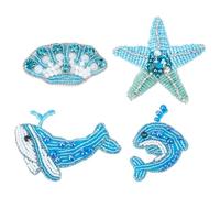 FINGERINSPIRE 4 Pcs Patchs Perlés Animaux Marins 4 Styles Appliques Océan Strass Patchs Baleine Coquillage Bleu Blanc Embellissements Perles Plastique Thème Marin pour Vêtements Sacs Artisanaux DIY
