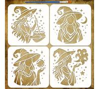 FINGERINSPIRE 4 Pcs Pochoirs Sorcière avec un Pinceau 20x20 cm Pochoirs Peinture Sorcière et Étoiles Gabarit Thème Jour des Sorcières PET pour Bois Carrelage Sol Mur Tissu Meuble Scrapbook DIY