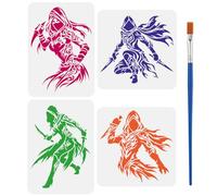 FINGERINSPIRE 4 Pièces Pochoir d'Assassins avec Pinceau de Peinture A4/25cm Gabarit de Dessin Silhouette d'Assassins en Plastique PET Pochoir Personnage Thème Couteau Gabarit pour Décoration DIY