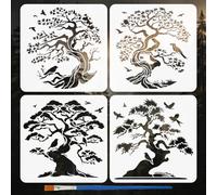 FINGERINSPIRE 4 Pièces Pochoirs d'Arbres et Oiseaux avec un Pinceau 30x30cm Ensemble de Pochoirs Arbre de Vie Réutilisable Gabarits de Dessin d'Arbres de Style Chinois pour Murale Bois DIY Maison