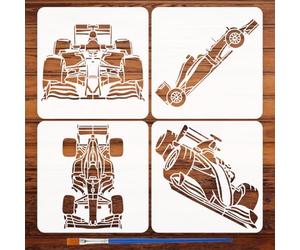 FINGERINSPIRE 4 Pièces Pochoirs de Voiture de Course avec Pinceau 15x15cm 4 Styles Pochoir de Voitures Pochoirs de Silhouette Art de Course Dynamique Pochoir Circuit Mécanique Gabarit Thème Transport