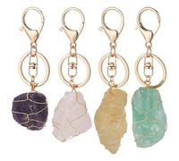 FINGERINSPIRE 4 Porte Clés en Alliage Naturel Avec Cristaux Porte Clés en Pierre Précieuse Brute Irrégulière Enroulée de Fil Améthyste Quartz Rose Fluorite Citrine Cristal pour Femmes et Hommes Cadeau