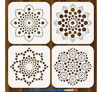 FINGERINSPIRE 4 Styles Pochoirs à Motifs de Points Mandala Avec Un Pinceau Pochoir Peinture Fleur Mandala 15x15cm Pochoirs Fleurs Abstraites Pet Modèle Thèmes Floraux pour Meubles Tissu Mural en Bois