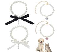 FINGERINSPIRE 4Pcs Collier de Perles pour Chien et Chat Collier pour Animaux de Compagnie Strass avec Ruban Nœud Papillon Pendentif Forme Cœur Colliers Perles Réglable pour Mariage Petit Chien Bijoux