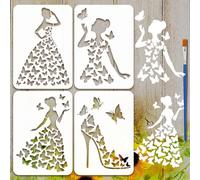 FINGERINSPIRE 4Pcs Pochoir de Peinture Papillon Femelle Avec Pinceau en Plastique 21x29.7cm Modèle de Silhouette de Femme Robe Papillon Pochoir à Talons Hauts Modèle de Thème Fantastique pour Bois