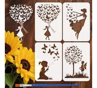 FINGERINSPIRE 4Pcs Pochoir de Peinture Personnes et Papillons Avec Pinceau en Plastique 21x29.7cm Modèle de Silhouette de Femme Pochoir Arbres Papillons Herbe Modèle à Thème de Personnage pour Bois