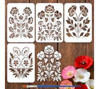 FINGERINSPIRE 4Pcs Pochoir en Forme de Fleur de Pavot de 21x29.7cm Motif Symétrique Réutilisable pour Décoration Florale Avec Pinceau pour Mur Bois Tissu Décoration D'Intérieur Projet de Bricolage