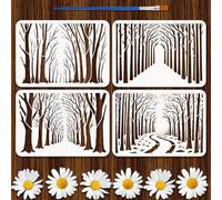 FINGERINSPIRE 4Pcs Pochoir Forêt Peinture Avec Pinceau Plastique 21x29.7cm Arbres Ajourés Gabarit Dessin Herbe Chemin en Forêt Pochoir Réutilisable Gabarit Thème Plante pour Peinture sur Bois