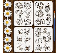 FINGERINSPIRE 4Pcs Pochoir Peinture Tatouage Animal Avec Pinceau Plastique 15x20cm Modèle Cheval Tigre Éléphant Pochoir Dragon Araignée Papillon Modèle Thème Animal pour Peinture sur Bois Sol