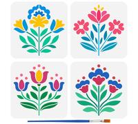 FINGERINSPIRE 4Pcs Pochoir Réutilisable à Motifs de Fleurs Folkloriques Avec Pinceau de 20x20cm Idéal pour Peindre sur Des Murs Du Bois Du Tissu Des Meubles ou pour Décorer la Maison
