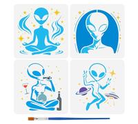 FINGERINSPIRE 4Pcs Pochoirs Alien 15x15cm Pochoir Vaisseau Spatial Alien Dessin Modèles Réutilisable Plastique Espace Peinture Pochoir Avec Un Pinceau pour DIY Artisanat Bois Mur Toile Décor Meuble