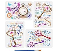 FINGERINSPIRE 4Pcs Pochoirs Clés Vintage pour Peinture Avec Pinceau 21x29.7cm Montre à Gousset Mots Vintage Mode Modèle Fashion Papillon Engrenage Point Pochoir Thème Rétro pour DIY Artisanat
