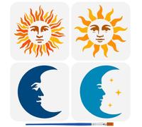 FINGERINSPIRE 4Pcs Pochoirs de la Lune Du Soleil Avec Au Pinceau 15x15cm Pochoir Réutilisable pour Le Visage de la Lune Du Soleil Pochoir Emoticônes Creuses Étoiles Modèle Plastique Thème Fantastique