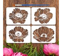 FINGERINSPIRE 4Pcs Pochoirs Fleur de Coquelicot Avec Un Pinceau 29.7x21cm Modèle Dessin Fleur Coquelicot Simple Pochoirs Décor Végétale Fleurs Sauvages Réutilisables pour Mur Bois Tissu Maison DIY