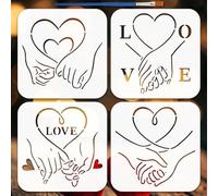 FINGERINSPIRE 4Styles Pochoirs Motif Main Dans la Main Avec Un Pinceau 15x15cm Romantique Amour Peinture Pochoirs Pet Saint-Valentin Thèmes Modèle pour Peinture sur Bois Carrelage Mur Tissu
