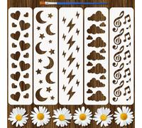 FINGERINSPIRE 5 Pcs Pochoir de Bordure Météo avec Pinceau 7,5x30cm Gabarit de Dessin Lune Étoile Coeur Amour Nuages Notes de Musique Pochoir Gabarit de Thème de Bordure pour Décoration Murale