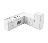 FINGERINSPIRE 5Pcs Accessoires de Décoration de Maison Miniature Échelle 1: 12 Ensemble Armoire de Cuisine avec Mini Réfrigérateur et Cuisinière Meuble en Bois Blanc pour Construction Scène Réaliste