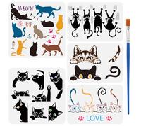 FINGERINSPIRE 5Pcs Pochoir de Peinture de Chat Qui Regarde Avec 1 Pinceaux | Réutilisables, PET, 5 Styles, Pochoir à Motif de Chat Pochoir Chat Animal pour Bois Tissu Murs Meubles Décor Intérieure DIY
