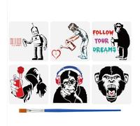 FINGERINSPIRE 6 Pcs Bansky Pochoirs Graffiti 30X30cm Avec Brosse en Bambou - Chimpanzé, Singe Robot, Humain, Écouteur, Bouilloire, Coeur - Modèles Banksy Thème