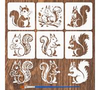 FINGERINSPIRE 6 Pcs Pochoir Peinture Écureuil Adorable Avec Pinceau 15x15cm Pochoirs Plastique Motif Branche Feuille Noisette Pochoir Décoratif Écureuil Mignon Template Thème Animal pour Décor Murale