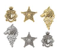 FINGERINSPIRE 6 Style Broches en Alliage Tête de Loup Thème Sirius Rétro Broche de Poitrine Broche Étoile en Métal Argent Doré Bouclier Forme Broche Vintage Épinglettes pour Costume Cadeau pour Hommes