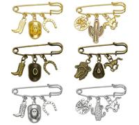 FINGERINSPIRE 6 Styles Cowboy Boot Charm Pendentif Broche Broches Épingles de Sûreté en Alliage Avec Pendentifs sur Le Thème Occidental Parfait pour les Vestes en Jean Sacs et Tenues Thème Occidental