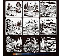 FINGERINSPIRE 6 Styles Pochoirs Motifs Paysages de Village avec un Pinceau 30X30cm Pochoirs Peinture Maisons Rurales Modèle PET Architecture et Thèmes Locaux pour Carrelage Mur Tissu Meuble