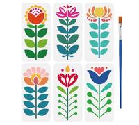 FINGERINSPIRE 6Pcs Pochoir à Longues Bandes de Fleurs D'Art Populaire Avec Pinceau 30x15cm Réutilisable Motif D'Art Populaire pour Peinture sur Mur Bois Tissu Meubles Décoration D'Intérieur