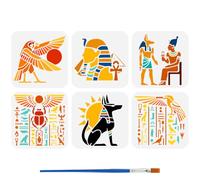 FINGERINSPIRE 6Pcs Pochoir à Motifs Égyptiens Avec Pinceau 15x15cm Pochoir Réutilisable Représentant Dieu Antique Anubis Oiseaux Divins Égyptiens Modèles Peinture Plastique pour Murale Soi sur Tissu