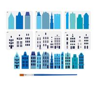 FINGERINSPIRE 6Pcs Pochoir Bâtiments Superposés Avec Pinceau Plastique 21x29.7cm Modèle Réutilisable Silhouette Bâtiment Pochoir Décoratif Thème Architectural pour Peinture sur Sol Meuble