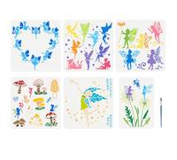 FINGERINSPIRE 6Pcs Pochoir de Dessin D'Elfe de Fée Avec Un Pinceau 2 Tailles Modèle Peinture D'Anges de Rêve Fée Avec Pissenlit Étoile Lune Champignon Pochoir pour Peinture sur Bois Mur Tissu Meubles