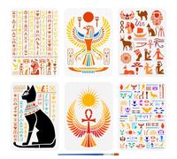 FINGERINSPIRE 6Pcs Pochoir de Peinture de Symboles Égyptiens Avec 1 Pinceaux Plastique 21X29.7cm Horus Falcon Stencil Anka Wings Sun Cat Pattern Pochoir Égyptien pour Meubles Muraux Bois Décor Maison