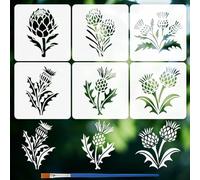 FINGERINSPIRE 6Pcs Pochoir Fleur de Chardon Avec Pinceau, 15x15cm Pochoir Décoratif Plante de Chardon Pochoirs Reutilisables Fleurs Sauvages pour Peinture sur Bois Mur Meuble Décoration Intérieure