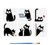 FINGERINSPIRE 6PCS Pochoirs Chat Mignon Cartoon avec 1Pc Pinceau 15x15cm Pochoirs Chat Noir Pochoir Forme de Chats Thème Animal pour Peinture sur Bois Mur Meuble DIY Décoration Maison