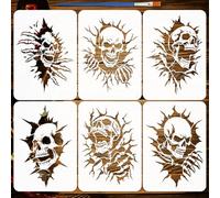 FINGERINSPIRE 6Pcs Pochoirs Crâne Fêlé avec un Pinceau 29.7x21cm Pochoirs Peinture Crâne Hideux PET Modèle Thèmes Squelette PET pour Bois Carrelage Mur Tissu Meuble Scrapbook DIY