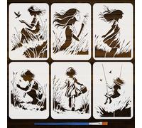 FINGERINSPIRE 6Pcs Pochoirs Filles Graffiti Avec Pinceau Plastique 21x29.7cm Pochoir Réutilisable Fille et Nature Gabarit Thème Graffiti pour Dessin DIY Meuble Mur Sol Tissu Décoration