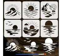 FINGERINSPIRE 6Styles Pochoirs Soleil Montagnes et Mers avec Pinceau 20x20cm Pochoirs Lever Soleil Pochoir Coucher Soleils Modèle Nuages Oiseaux Modèle PET Thèmes Nature Pochoir pour Décor Murale