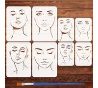 FINGERINSPIRE 8 Pcs Pochoir Visage Féminin Abstrait Avec Un Pinceau, 29.7x21Cm/20x14cm Réutilisable Pochoirs Thème Femme Pochoir Visage Féminin pour Peinture sur Toile Bois Mur Tissu Meuble