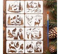 FINGERINSPIRE 8Pcs Pochoir Loup Cerf Avec Pinceau Plastique 21x29.7cm Modèle Faune Montagne Forêt Pochoir Soleil Lune Empreinte Patte Modèle Thème Animal pour Peinture sur Bois Meuble