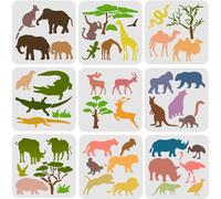 FINGERINSPIRE 9 Pcs Animaux Pochoirs Modèle 20x20cm Plastique - Singe, Ours, Oiseau, Éléphant, Cerf, Crocodile, Rhino, Lion - Motifs Réutilisables pour Peinture