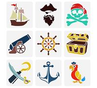 FINGERINSPIRE 9 Pcs Pirate Thème Ensemble de Pochoirs 15X15cm - Pirates, Machettes, Squelettes, Volant en Plastique, Perroquets, Coffre Au Trésor, Ancres Réutilisables