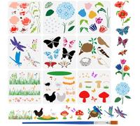 FINGERINSPIRE 9 Pcs Pochoir de Peinture pour Animaux et Plantes Avec Pinceau 30x30cm Papillons Libellules Poules Oiseaux Gabarit de Dessin Pochoir Tulipes Hortensias Herbes Coquelicots Champignons
