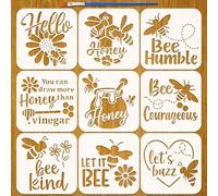 FINGERINSPIRE 9 Pcs Pochoir Peinture Mots Abeilles et Miel avec Pinceau, 15x15cm Pochoir Abeille Réutilisable Modèle DIY Artisanat Modèle de Dessin Plastique pour Bois Carrelage Papier Tissu Sol Mur