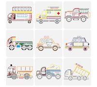 FINGERINSPIRE 9 Pochoirs Véhicules Construction 20x20cm: Bus, Ambulance, Camion Pompiers, Voiture Police, Modèles Ingénierie
